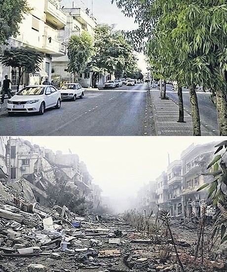  A street in Homs, in 2011 (above) and 2014 (below)
